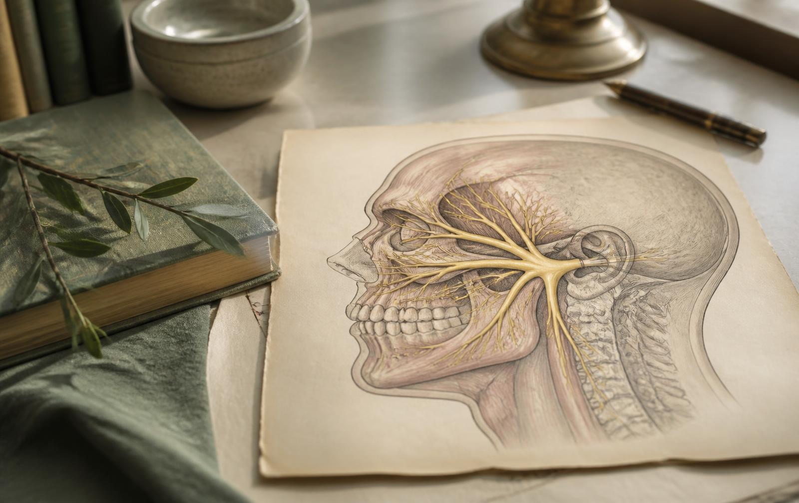 Anatomical illustration of the trigeminal nerve and head cross-section on a physician's desk