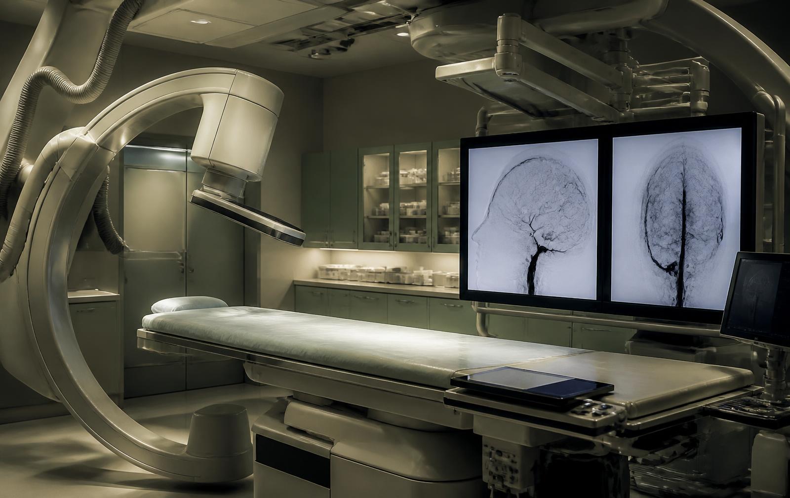 Neuro-angiography suite with cerebral venous imaging on the monitors