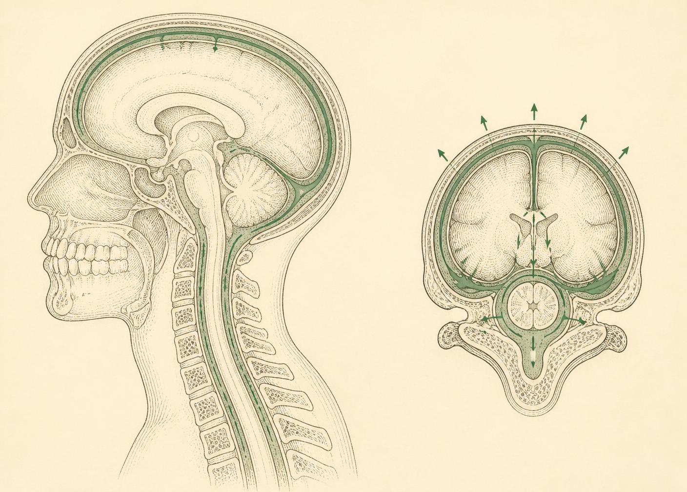 Illustration of cerebrospinal fluid spaces around the brain and spinal cord