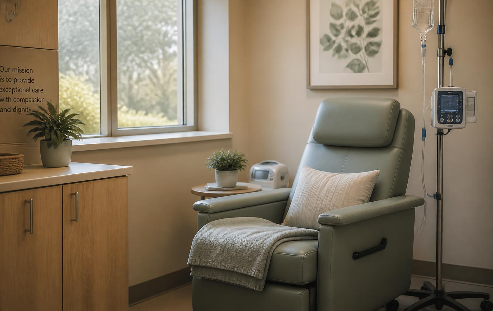 In-office infusion chair beside a sunlit window