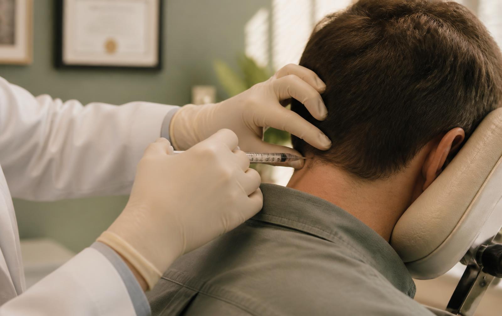 An occipital nerve block being performed in the office
