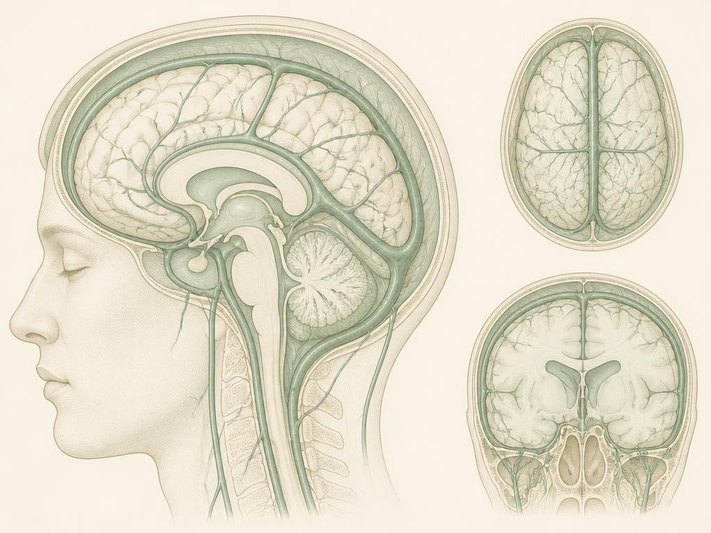 Illustration of cerebral venous drainage and CSF spaces